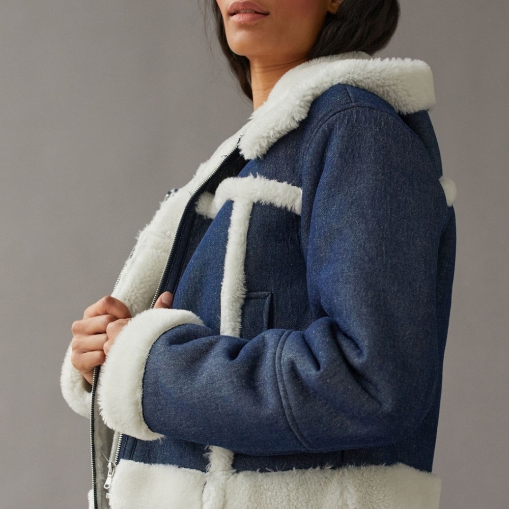 Urban Outfitters Roselyn Faux Shearling Denim Jacket New Size XS - Picture 4 of 11